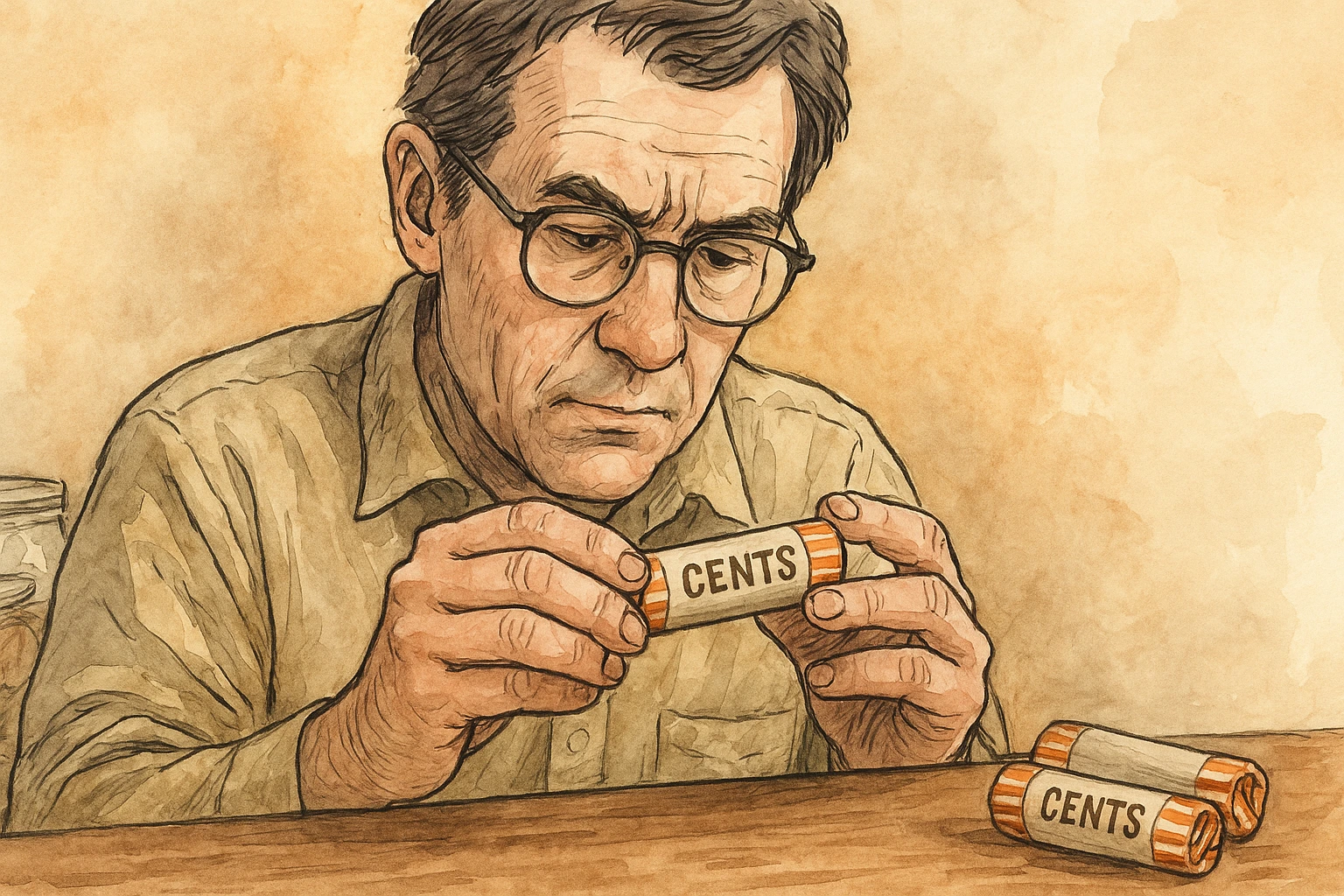 A numismatist inspects rolls of coins.
