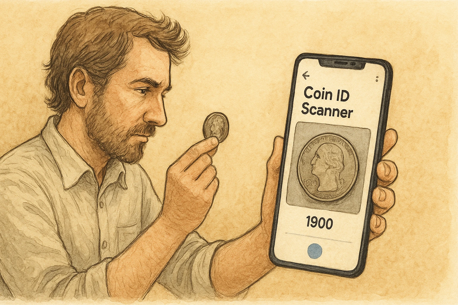 A man scans a coin via the Coin ID Scanner.