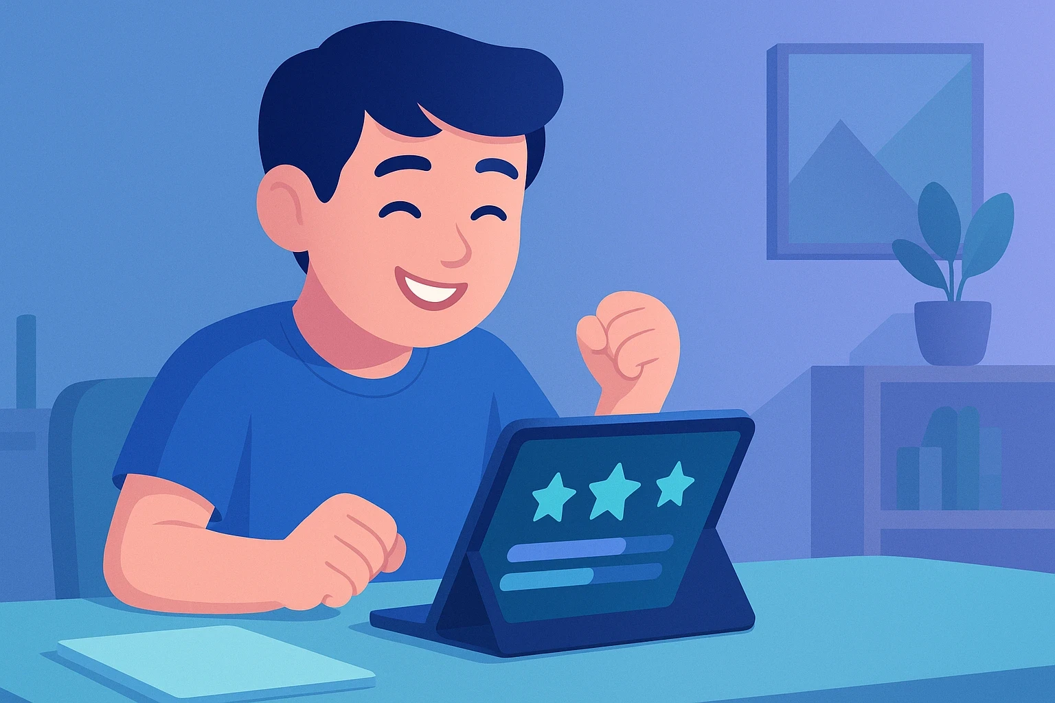 A boy is happy about finishing a challenge in the app on his tablet.
