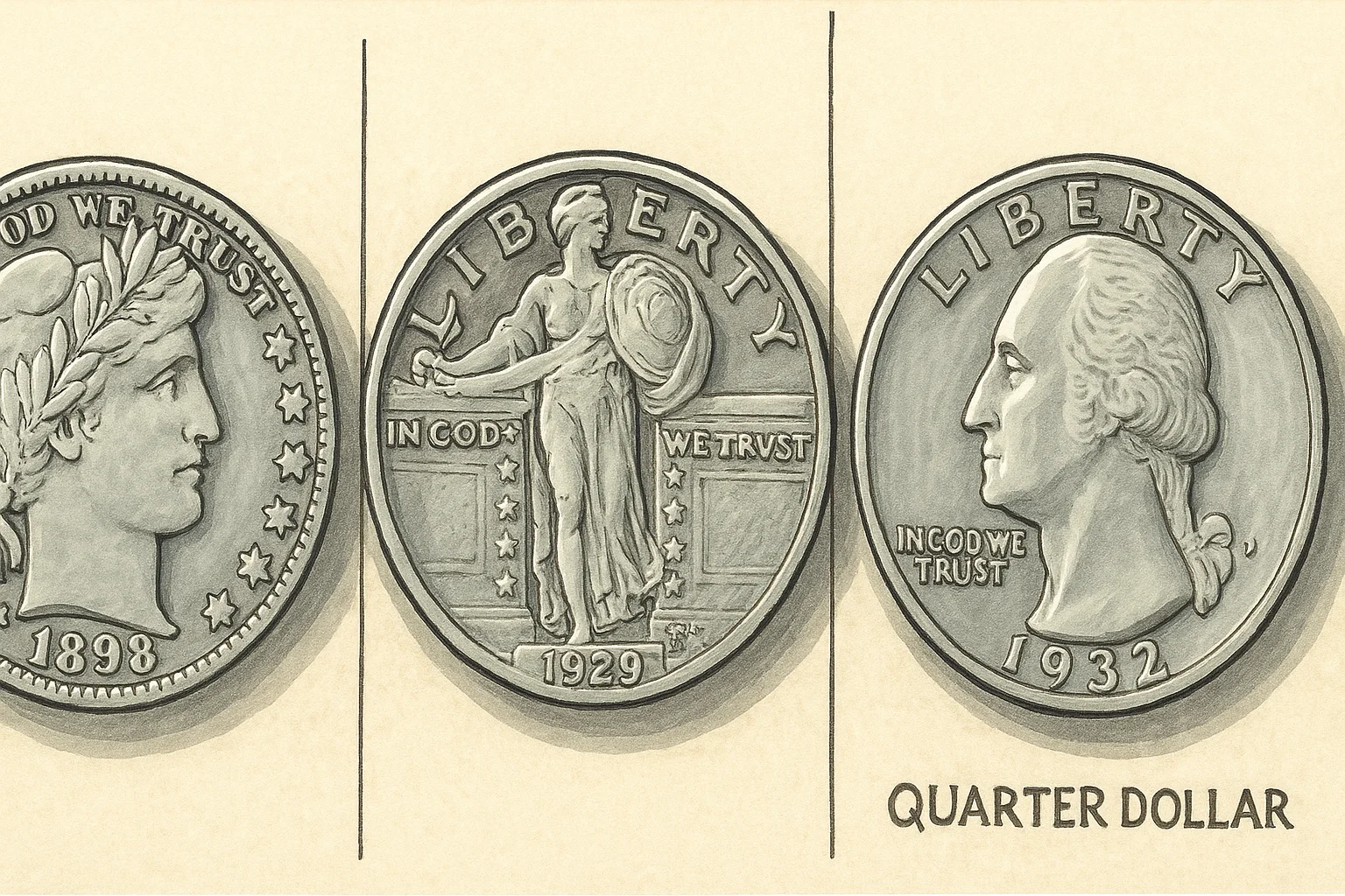 Visual comparison of different quarter designs throughout the 20th century.