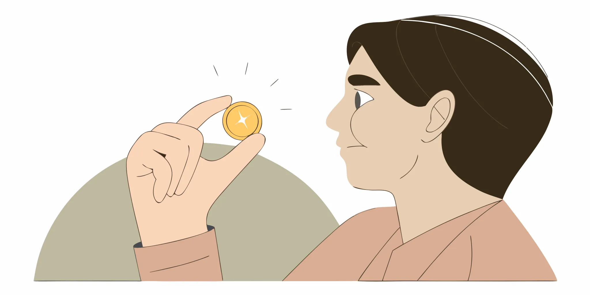a man holds a coin in his hands and looks at it